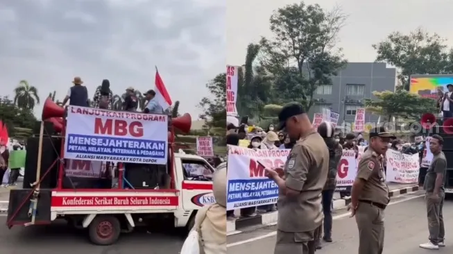 Ratusan Massa Aksi di Balai Kota Depok Dukung Program Makan Bergizi Gratis